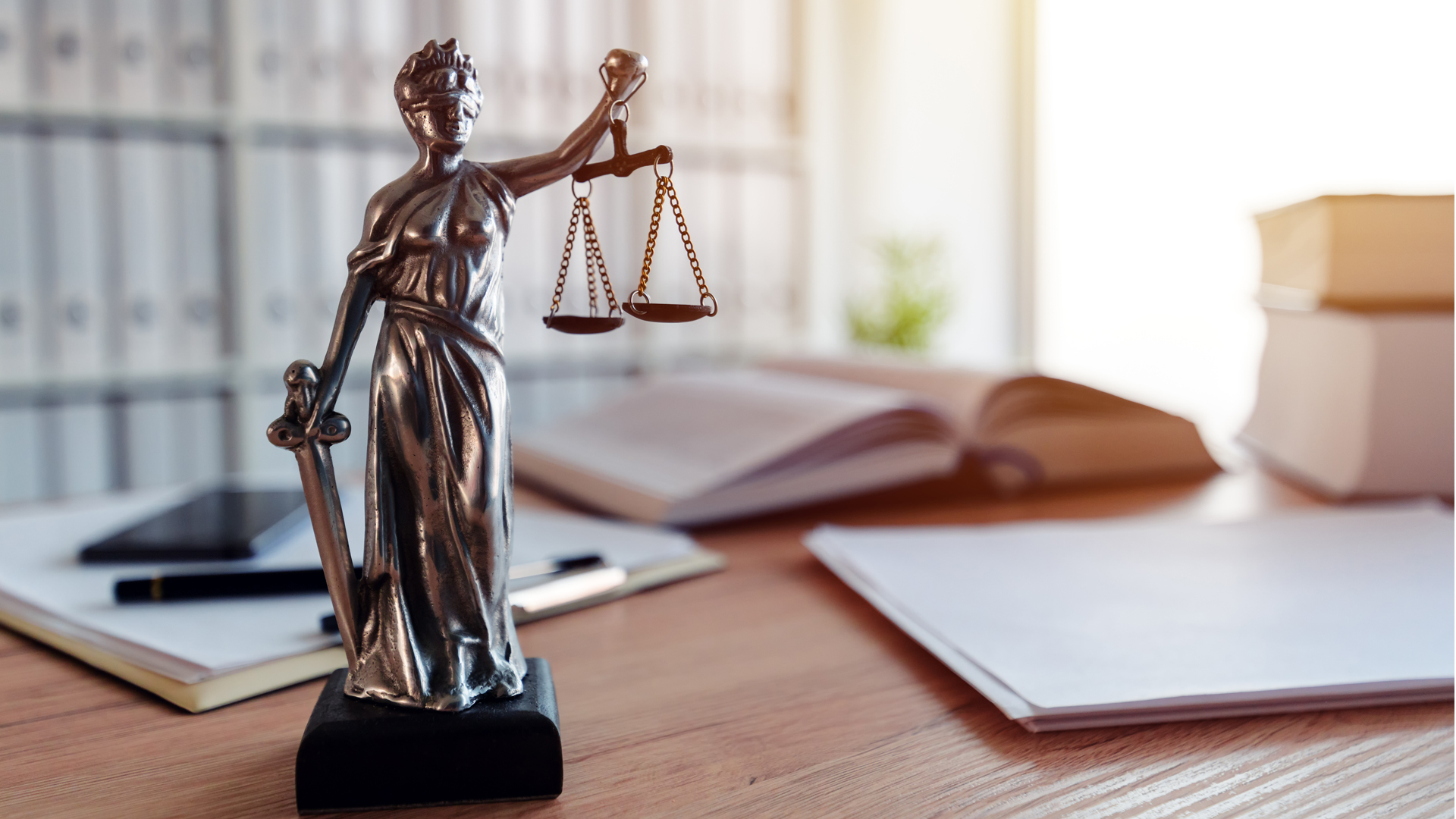 Lady Justice Statue In Law Firm Attorney Office, Blindfolded Jus