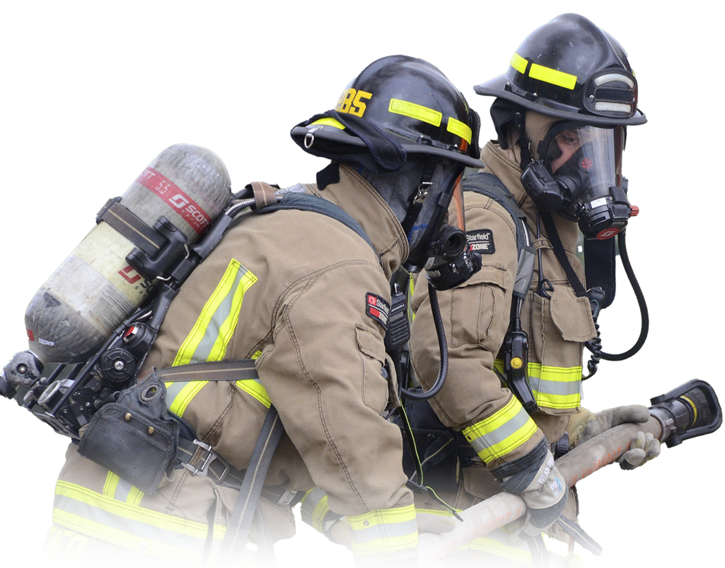 Two firefighters in full gear holding hose