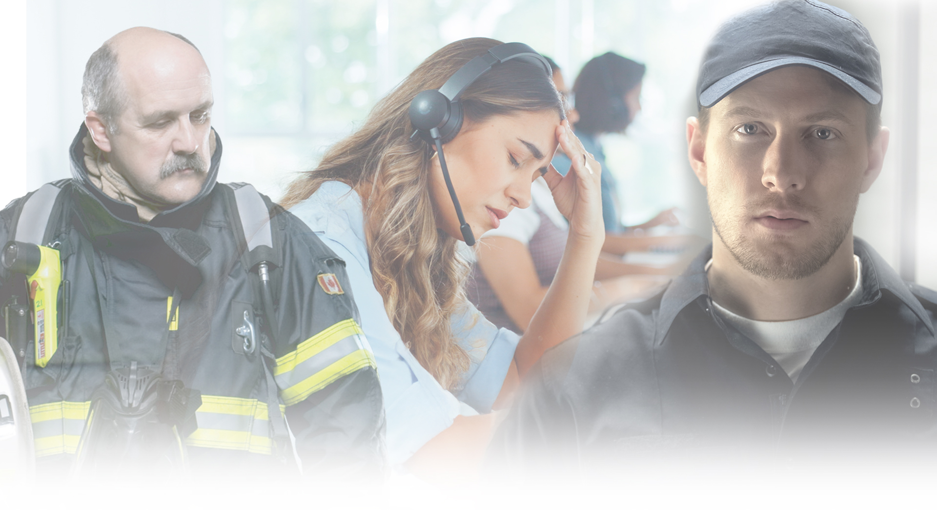Firefighter, call center agent, and security guard portraits