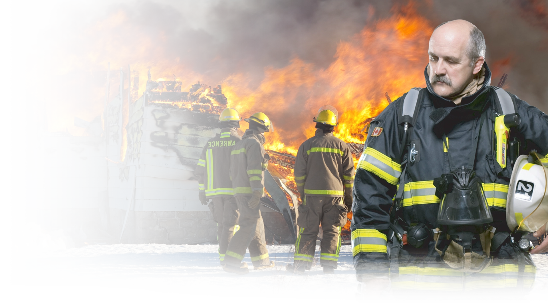 Firefighters battling blazing house fire in snowy landscape